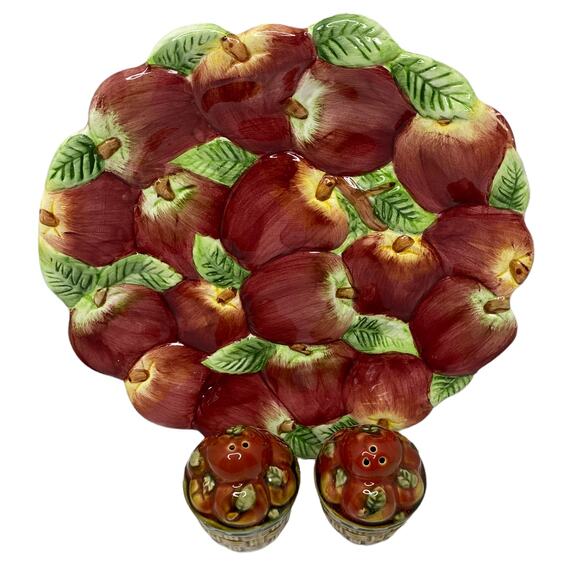 World Bazaar Apple Plate and Vintage Basket of Apples Salt and Pepper Shakers - Picture 3 of 8